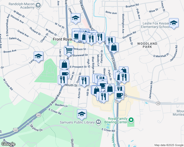 map of restaurants, bars, coffee shops, grocery stores, and more near 321 Blue Ridge Avenue in Front Royal