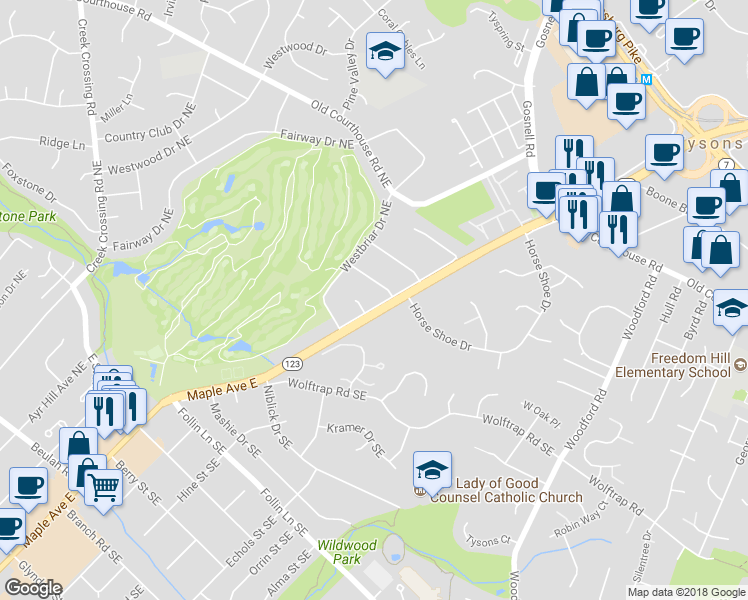 map of restaurants, bars, coffee shops, grocery stores, and more near 1014 Maple Avenue East in Vienna