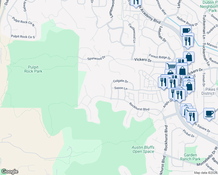 map of restaurants, bars, coffee shops, grocery stores, and more near 1645 Colgate Drive in Colorado Springs