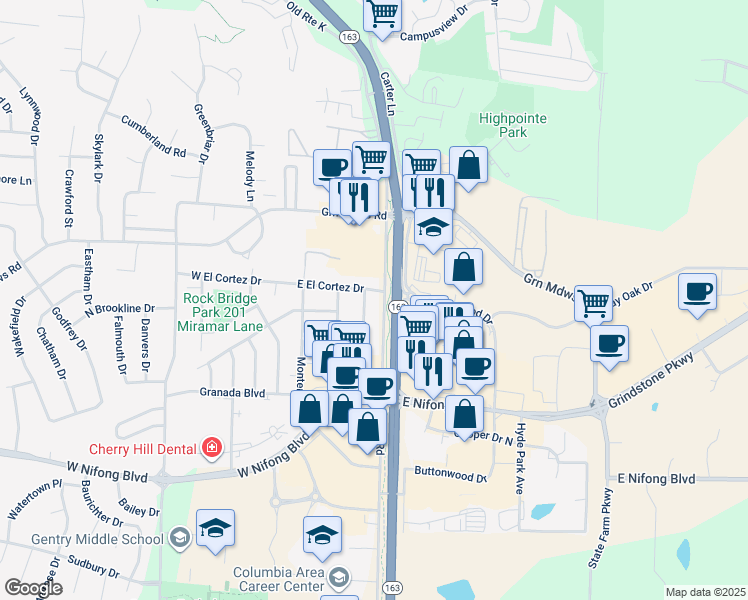 map of restaurants, bars, coffee shops, grocery stores, and more near 3408 Balboa Lane in Columbia