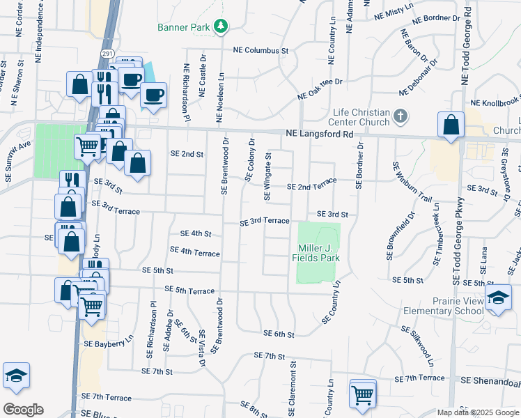 map of restaurants, bars, coffee shops, grocery stores, and more near 306 Southeast Wingate Street in Lee's Summit