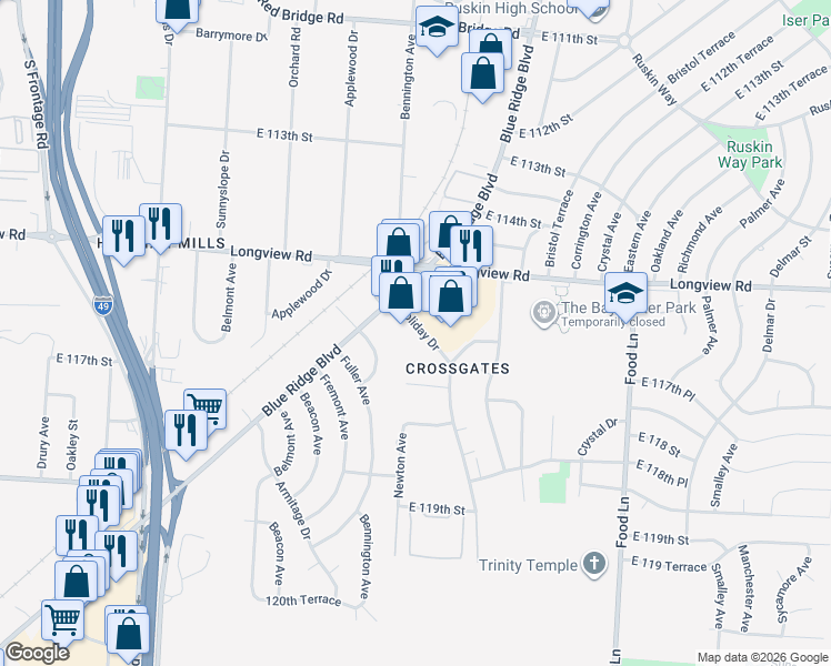 map of restaurants, bars, coffee shops, grocery stores, and more near 11540 Holiday Drive in Kansas City