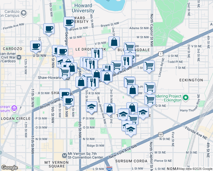 map of restaurants, bars, coffee shops, grocery stores, and more near 320 Florida Avenue Northwest in Washington