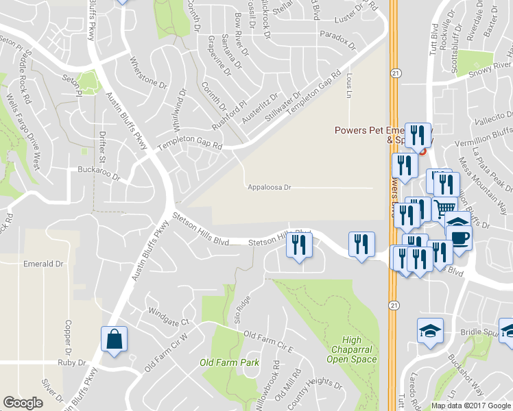 map of restaurants, bars, coffee shops, grocery stores, and more near 5345 Appaloosa Drive in Colorado Springs