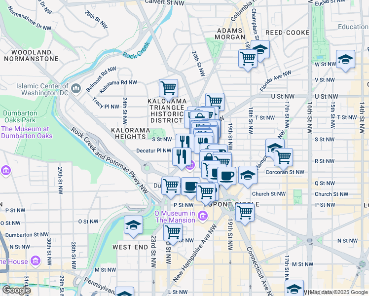 map of restaurants, bars, coffee shops, grocery stores, and more near 2111 Florida Avenue Northwest in Washington