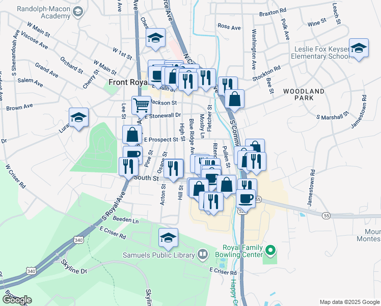 map of restaurants, bars, coffee shops, grocery stores, and more near 321 Blue Ridge Avenue in Front Royal