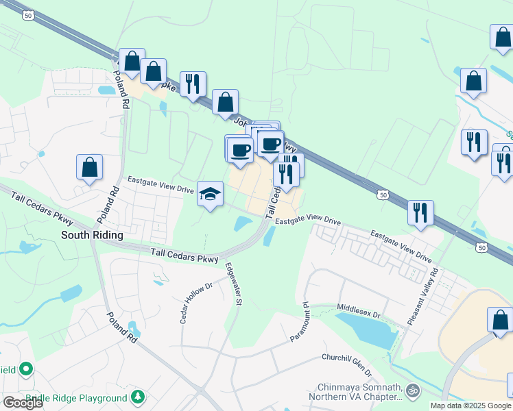 map of restaurants, bars, coffee shops, grocery stores, and more near 25420 Eastern Marketplace Plaza in Chantilly