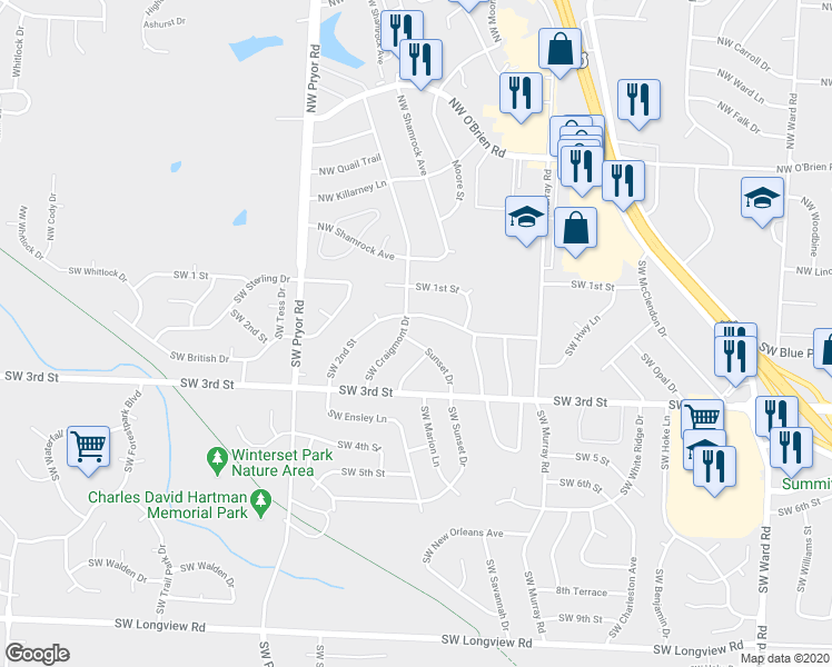 map of restaurants, bars, coffee shops, grocery stores, and more near 103 Southwest Sunset Drive in Lee's Summit