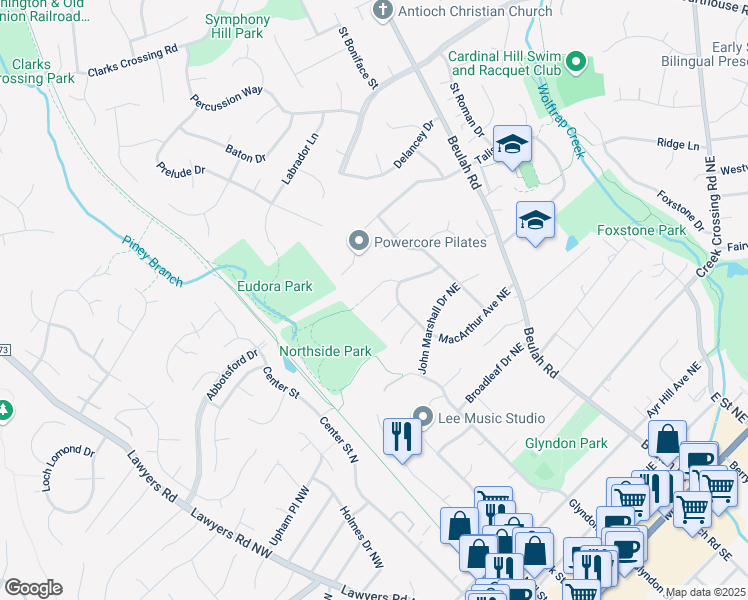 map of restaurants, bars, coffee shops, grocery stores, and more near 9521 Rockport Road in Vienna