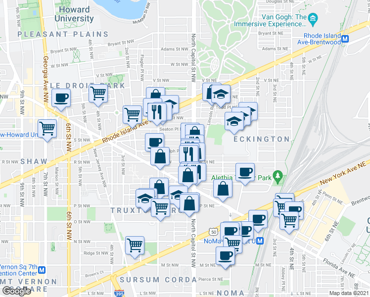 map of restaurants, bars, coffee shops, grocery stores, and more near 17 Randolph Place Northwest in Washington