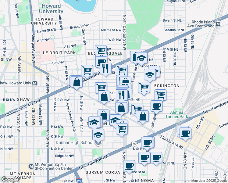 map of restaurants, bars, coffee shops, grocery stores, and more near 43 Randolph Place Northwest in Washington