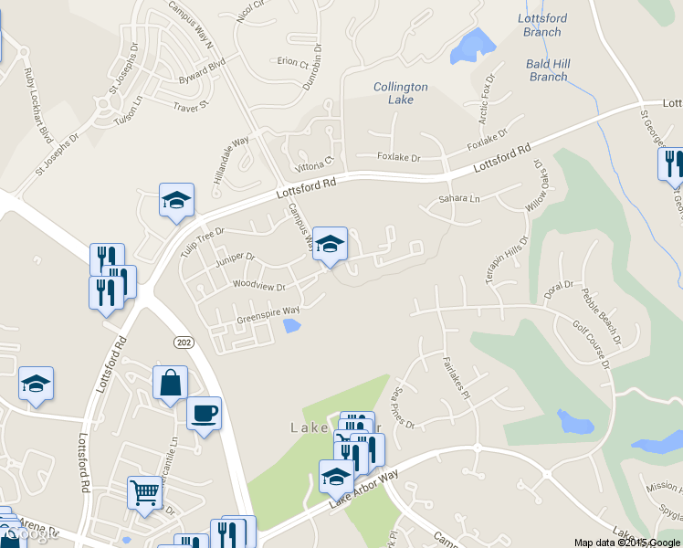 map of restaurants, bars, coffee shops, grocery stores, and more near 1701 Stourbridge Court in Bowie