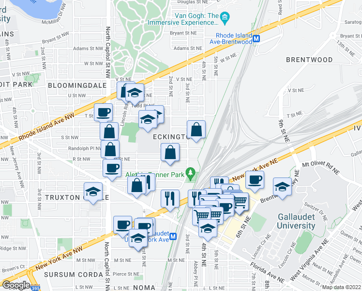 map of restaurants, bars, coffee shops, grocery stores, and more near 224 Randolph Place Northeast in Washington