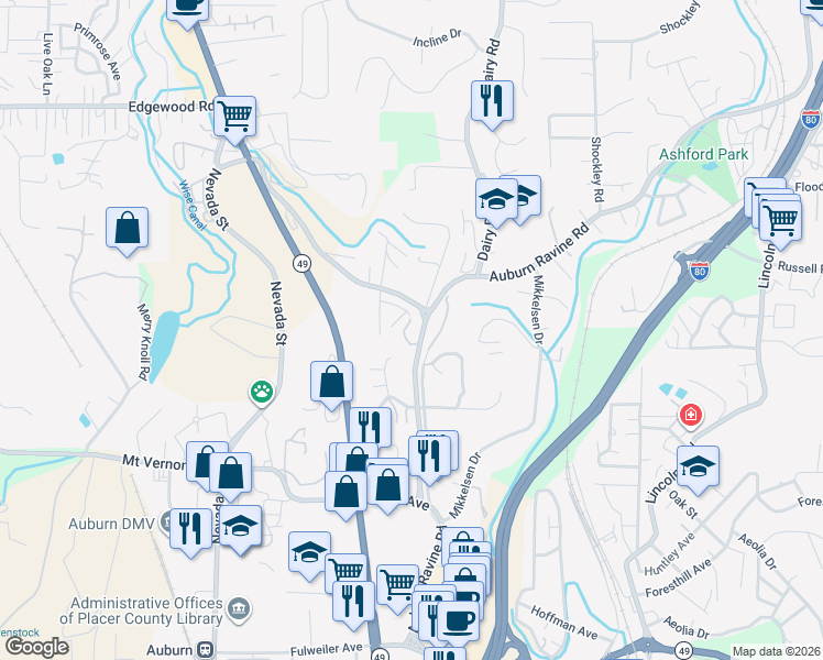 map of restaurants, bars, coffee shops, grocery stores, and more near 823 Auburn Ravine Road in Auburn