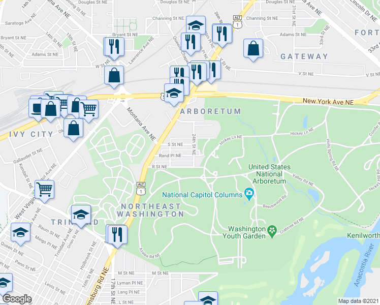 map of restaurants, bars, coffee shops, grocery stores, and more near 2220 Rand Place Northeast in Washington