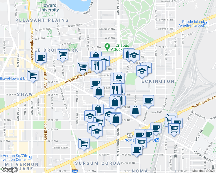 map of restaurants, bars, coffee shops, grocery stores, and more near 43 Randolph Place Northwest in Washington