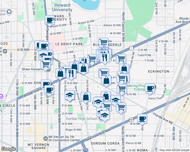 map of restaurants, bars, coffee shops, grocery stores, and more near 101 Independence Avenue Southeast in Washington