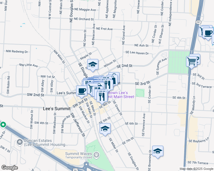 map of restaurants, bars, coffee shops, grocery stores, and more near 203 Southeast 3rd Street in Lee's Summit