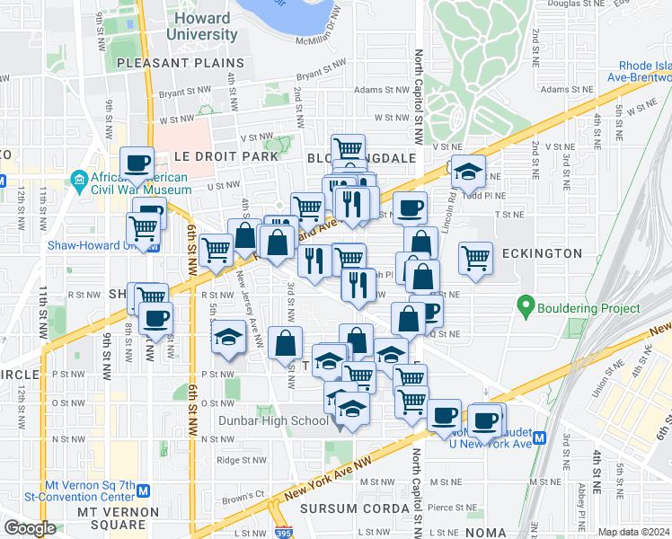 map of restaurants, bars, coffee shops, grocery stores, and more near 133 Randolph Place Northwest in Washington