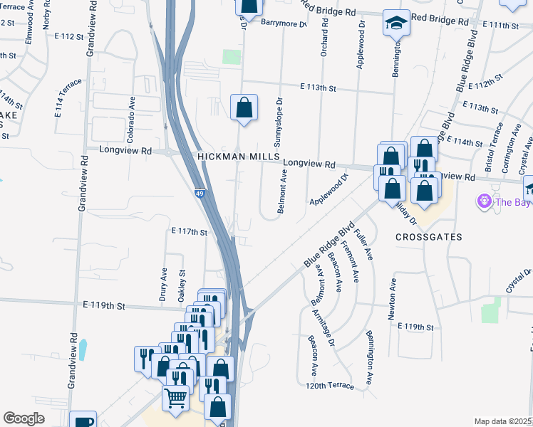 map of restaurants, bars, coffee shops, grocery stores, and more near 11609 Sunnyslope Drive in Kansas City