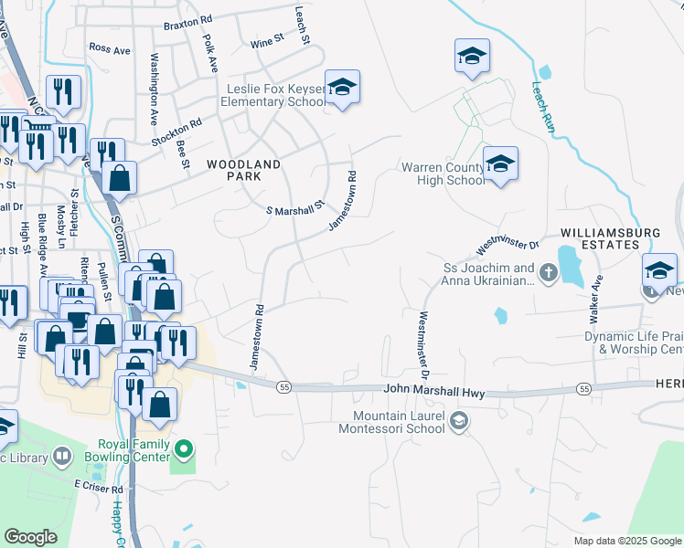 map of restaurants, bars, coffee shops, grocery stores, and more near 17 Yorktown Court in Front Royal
