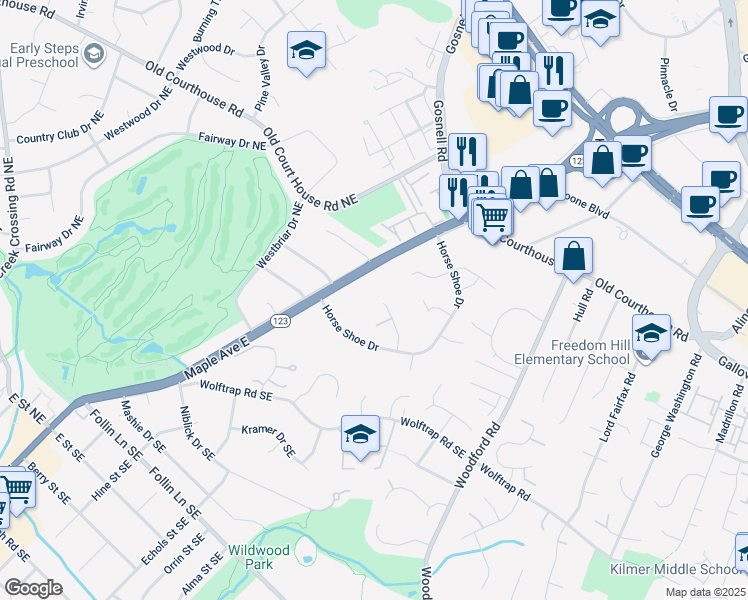 map of restaurants, bars, coffee shops, grocery stores, and more near 1902 Gables Lane in Vienna