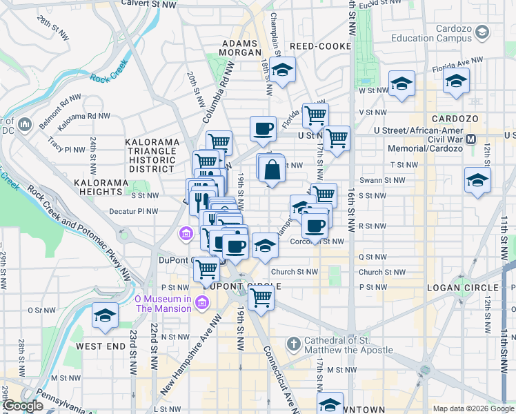 map of restaurants, bars, coffee shops, grocery stores, and more near 1815 Riggs Place Northwest in Washington