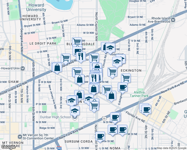 map of restaurants, bars, coffee shops, grocery stores, and more near 11 Randolph Place Northwest in Washington
