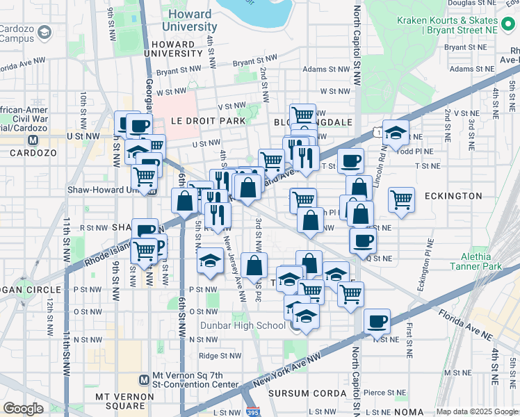 map of restaurants, bars, coffee shops, grocery stores, and more near 235 Florida Avenue Northwest in Washington