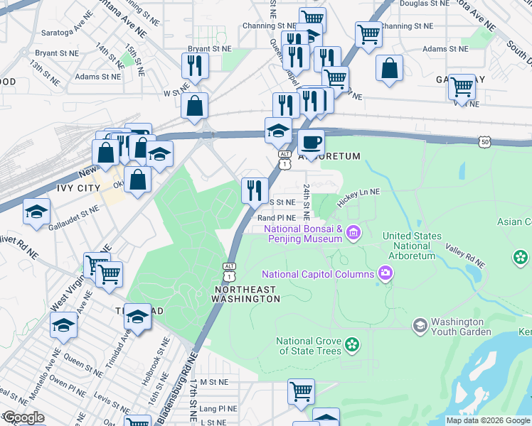 map of restaurants, bars, coffee shops, grocery stores, and more near 101 Independence Avenue Southeast in Washington