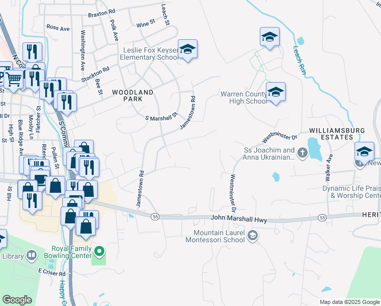 map of restaurants, bars, coffee shops, grocery stores, and more near 17 Yorktown Court in Front Royal