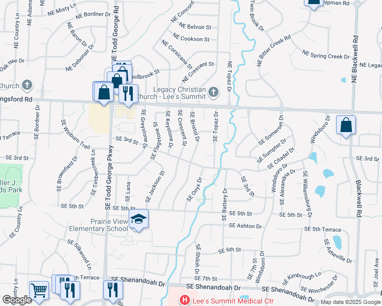 map of restaurants, bars, coffee shops, grocery stores, and more near 228 Southeast Bristol Drive in Lee's Summit