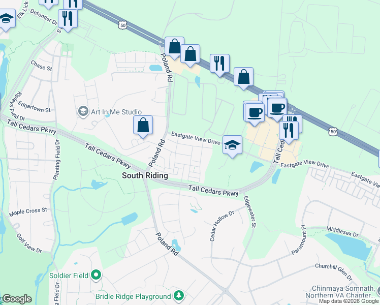 map of restaurants, bars, coffee shops, grocery stores, and more near 43582 Heritage Gap Terrace in Chantilly
