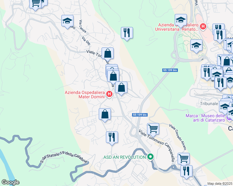 map of restaurants, bars, coffee shops, grocery stores, and more near 68 Viale Tommaso Campanella in Catanzaro