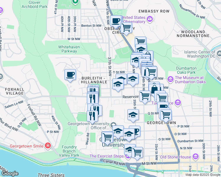 map of restaurants, bars, coffee shops, grocery stores, and more near 37th St NW & R St NW in Washington