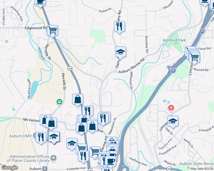 map of restaurants, bars, coffee shops, grocery stores, and more near 780 Auburn Ravine Road in Auburn