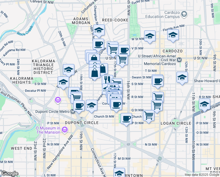 map of restaurants, bars, coffee shops, grocery stores, and more near 1735 New Hampshire Avenue Northwest in Washington