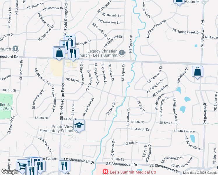 map of restaurants, bars, coffee shops, grocery stores, and more near 237 Southeast Bristol Drive in Lee's Summit