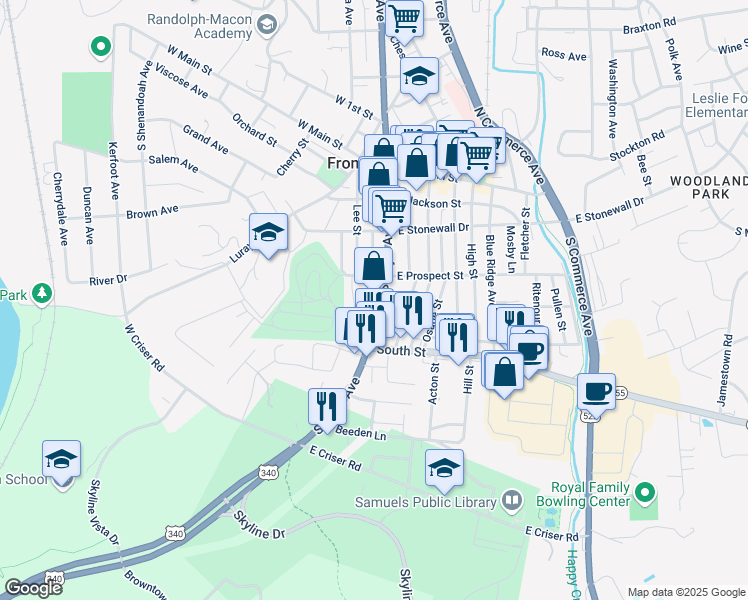 map of restaurants, bars, coffee shops, grocery stores, and more near 345 Pine Street in Front Royal
