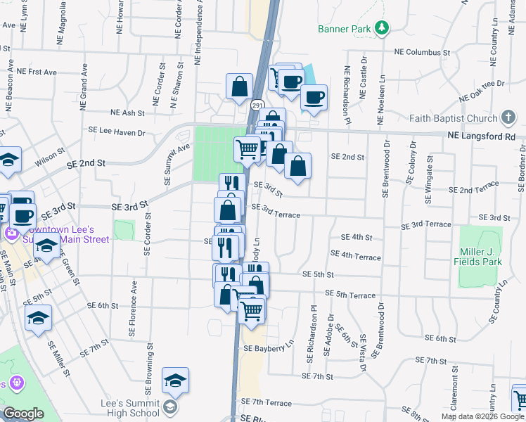 map of restaurants, bars, coffee shops, grocery stores, and more near 312 Southeast Willow Way in Lee's Summit