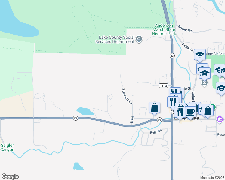 map of restaurants, bars, coffee shops, grocery stores, and more near 9508 Marshview Way in Lower Lake