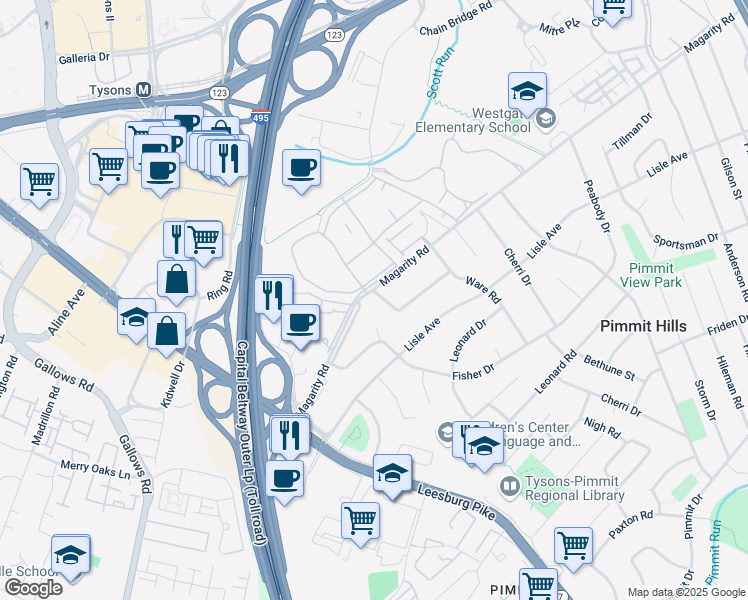 map of restaurants, bars, coffee shops, grocery stores, and more near 7721 Lunceford Lane in Falls Church