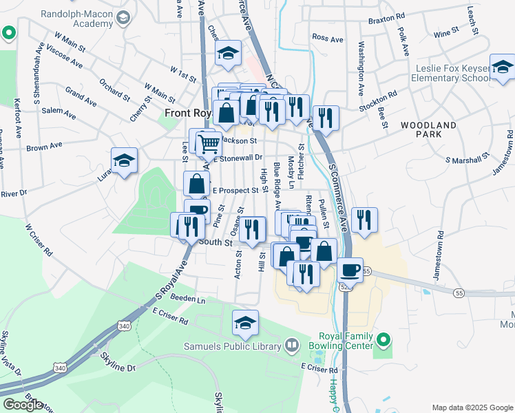 map of restaurants, bars, coffee shops, grocery stores, and more near 320 Cloud Street in Front Royal