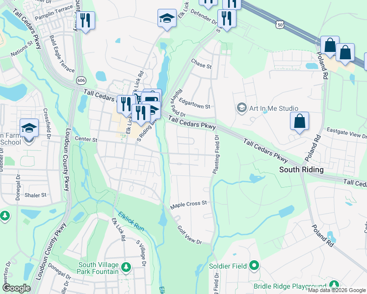 map of restaurants, bars, coffee shops, grocery stores, and more near 43191 Owen Park Way in Chantilly