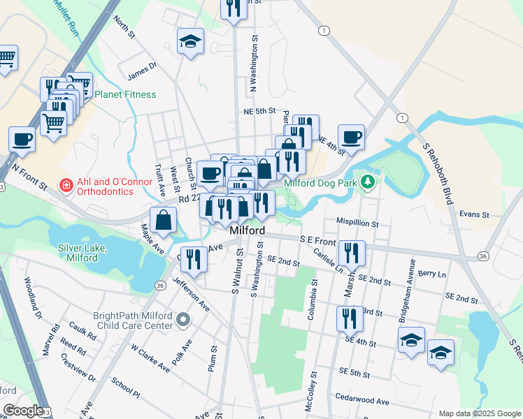 map of restaurants, bars, coffee shops, grocery stores, and more near 5 S Washington St in Milford