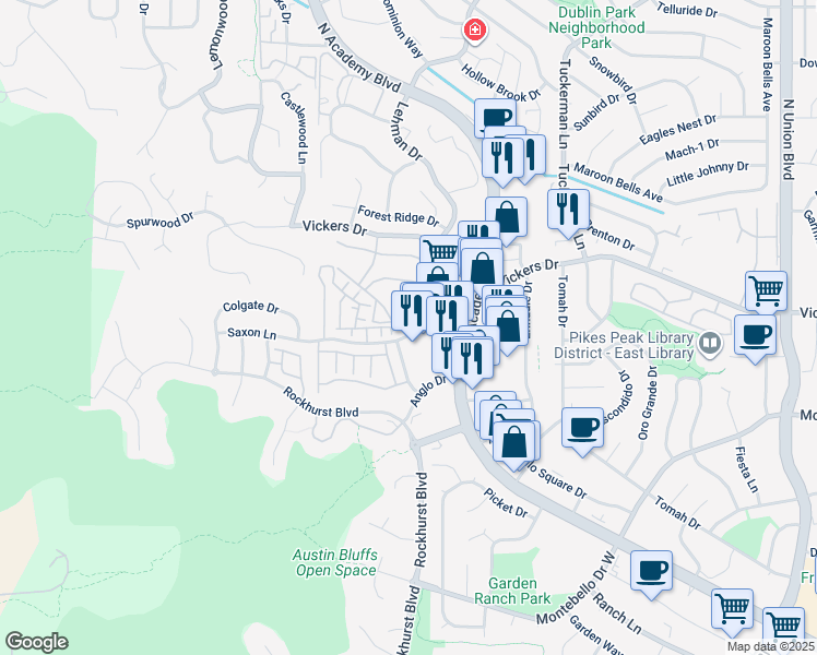 map of restaurants, bars, coffee shops, grocery stores, and more near 5644 North Academy Boulevard in Colorado Springs