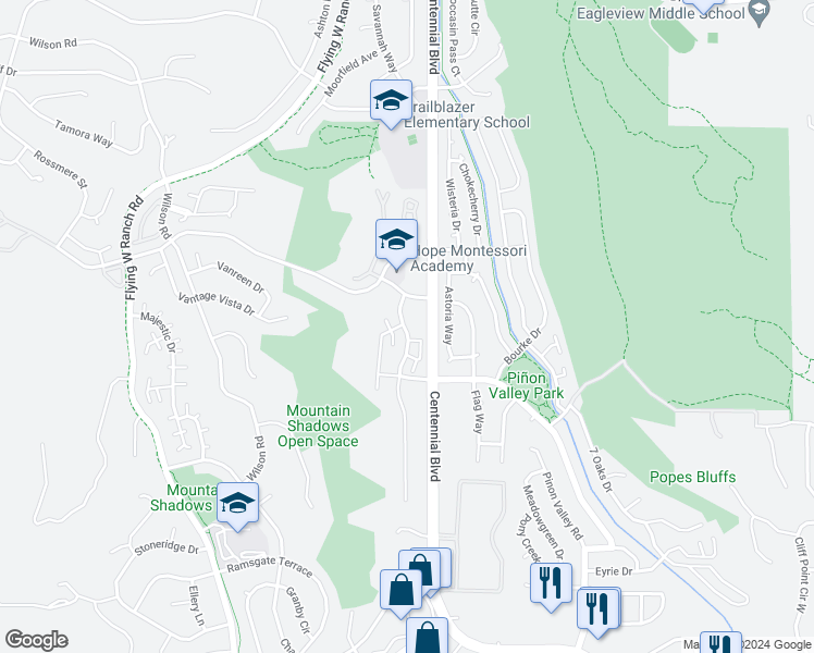 map of restaurants, bars, coffee shops, grocery stores, and more near 5730 Silverstone Terrace in Colorado Springs