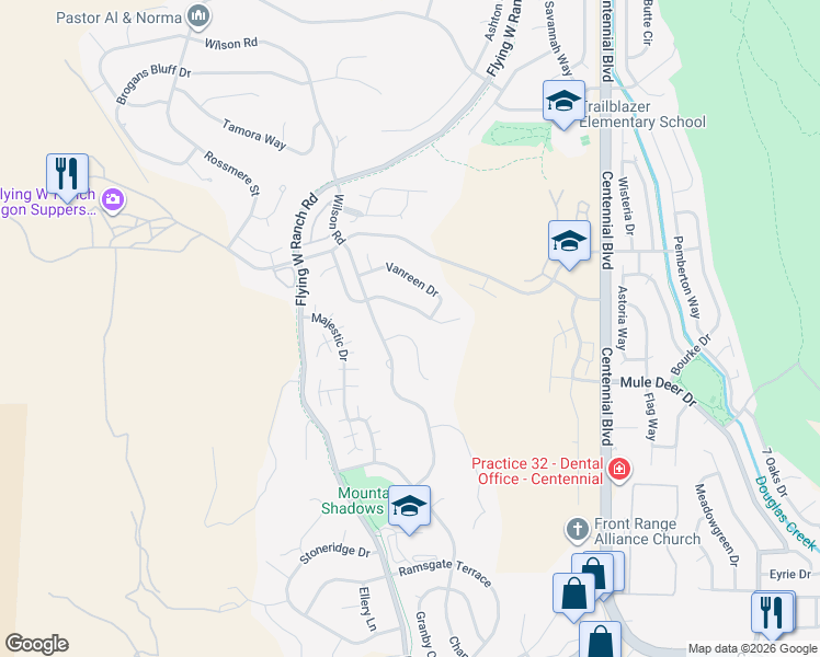 map of restaurants, bars, coffee shops, grocery stores, and more near 5575 Darien Way in Colorado Springs