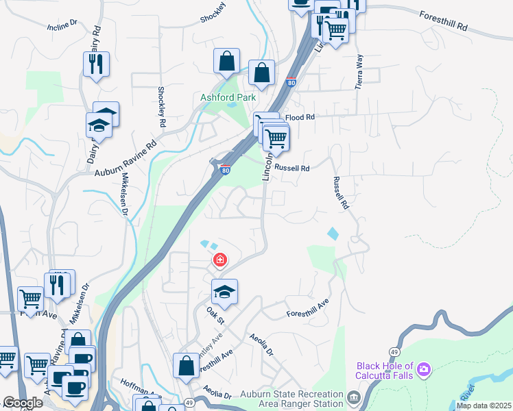 map of restaurants, bars, coffee shops, grocery stores, and more near Auburn Woods in Auburn
