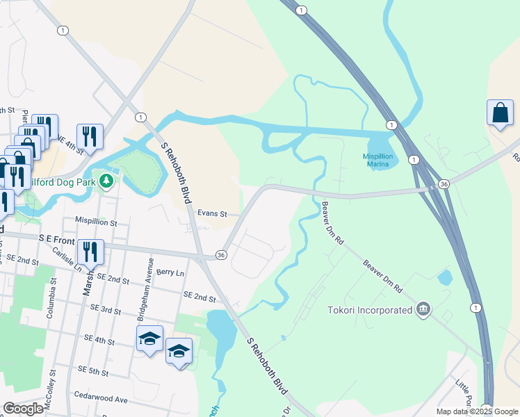 map of restaurants, bars, coffee shops, grocery stores, and more near 22 Delaware 36 in Milford